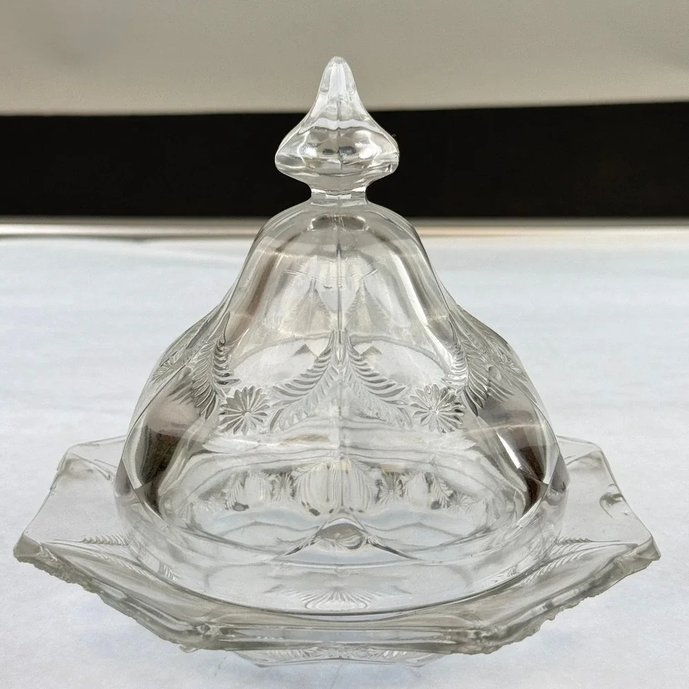 Pressed Glass Floral Etched Butter Dish with Lid, Hexagonal Base Clear Vintage